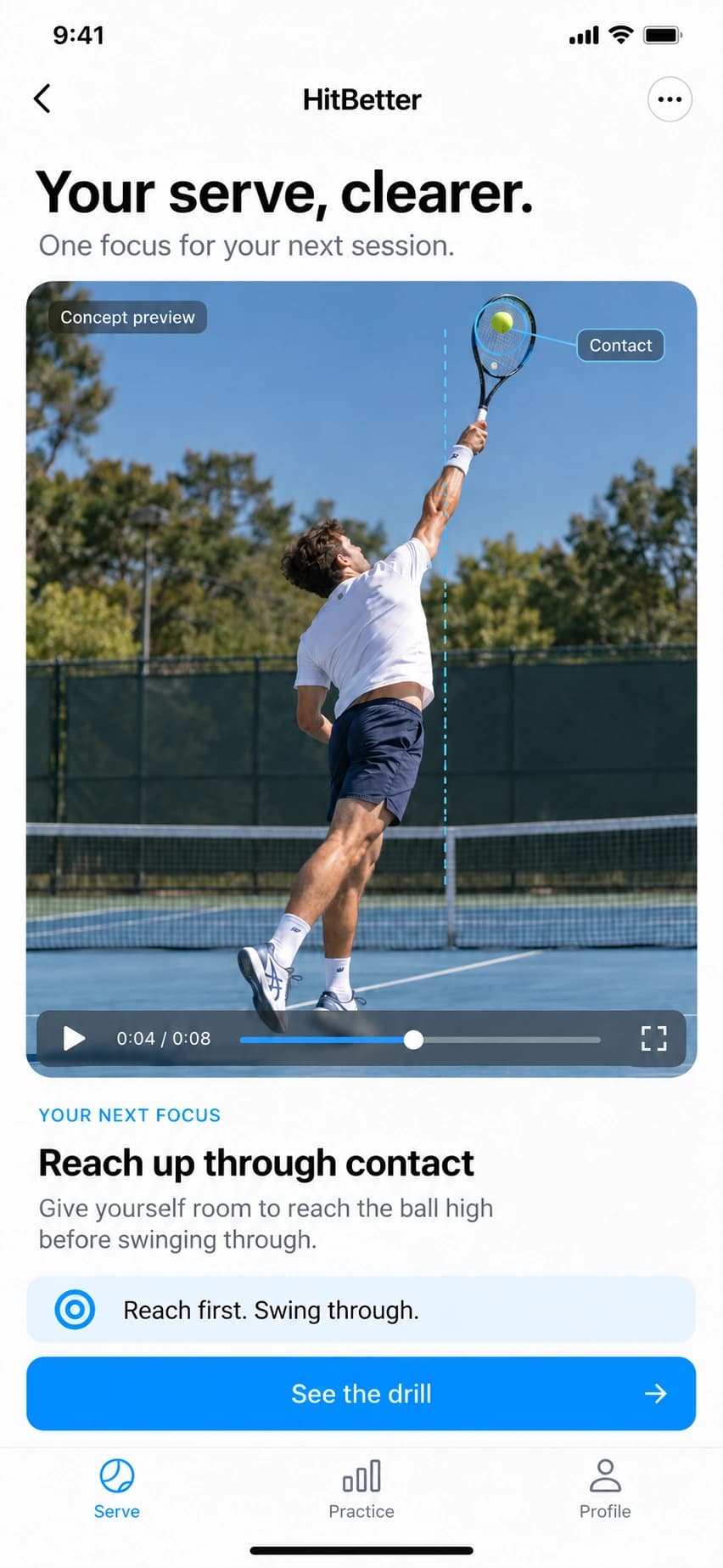 HitBetter concept preview: serve feedback with one correction and a practice drill