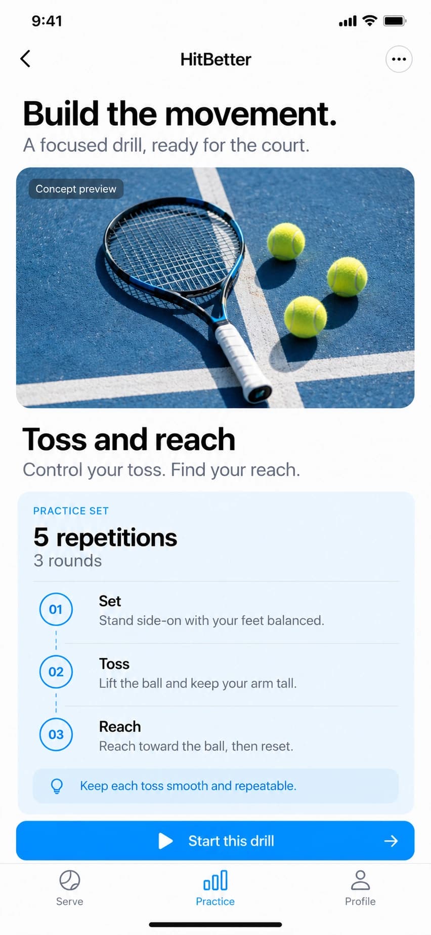 HitBetter concept preview: guided practice set with repetitions, rounds, and three toss-and-reach steps